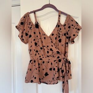 Cold-Shoulder Floral Wrap Top in Beige with Black Print